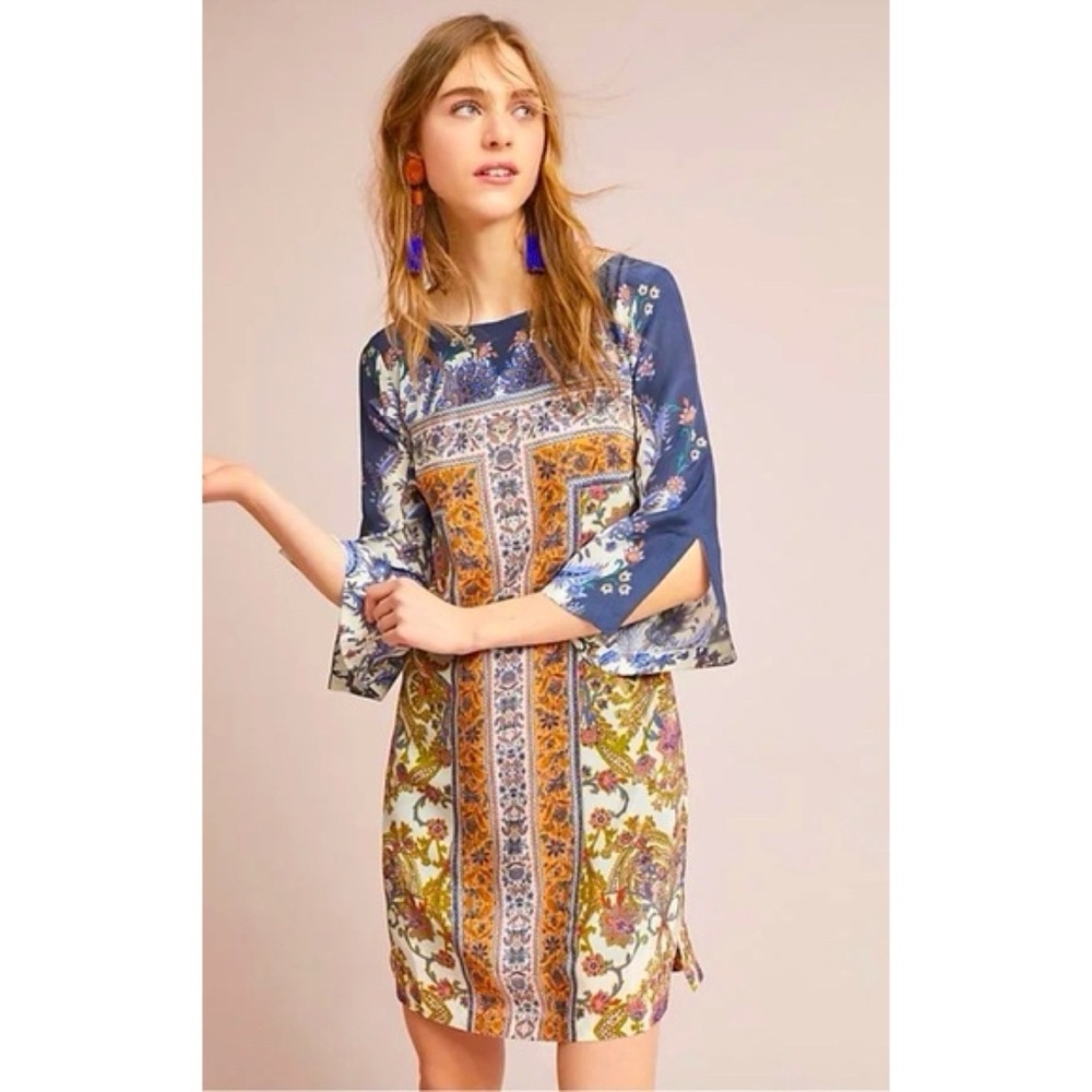 Anthropologie Maeve 100% Silk Barcelona Floral Mirror Scaarf Print Shift Dress 2 - Picture 9 of 12